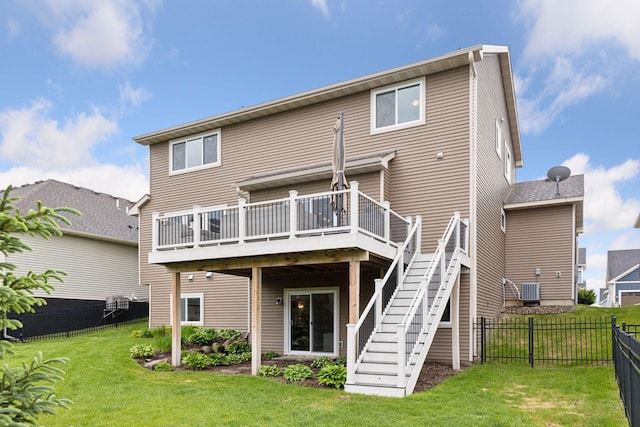 5175 White Star Ln, Woodbury, MN 55129 - back of property featuring a wooden deck, stairs, and central air condition unit