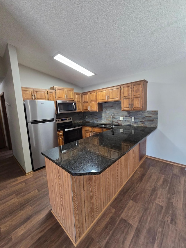 11173 Edgewood Cir N, Champlin, MN 55316 - kitchen featuring stainless steel appliances, a sink, a peninsula, tasteful backsplash, and dark wood-type flooring