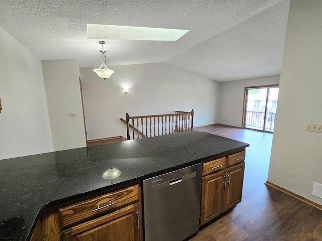 11173 Edgewood Cir N, Champlin, MN 55316 - kitchen featuring dishwasher, dark wood-style flooring, a skylight, lofted ceiling, and open floor plan