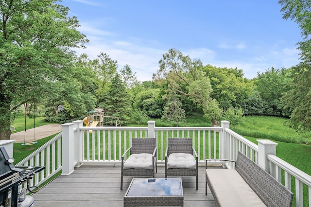 4142 Joppa Cir, Savage, MN 55378 - deck with a playground, a yard, and an outdoor living space