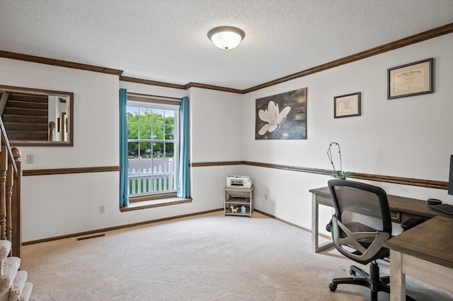 4142 Joppa Cir, Savage, MN 55378 - carpeted office space featuring ornamental molding, a textured ceiling, and baseboards