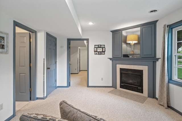 4142 Joppa Cir, Savage, MN 55378 - living area featuring light colored carpet, a fireplace, baseboards, and recessed lighting