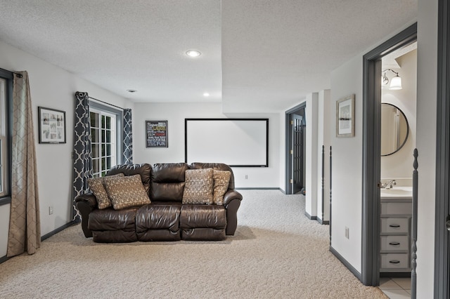 4142 Joppa Cir, Savage, MN 55378 - carpeted home theater with baseboards, recessed lighting, a textured ceiling, and a sink