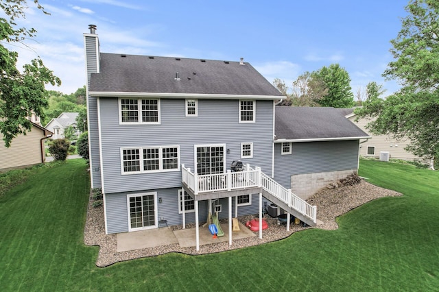 4142 Joppa Cir, Savage, MN 55378 - back of property featuring a chimney, a patio area, a yard, a deck, and stairway