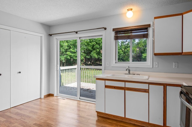 2125 White Bear Ave N, Maplewood, MN 55109 - kitchen with a sink, light countertops, light wood-style floors, a textured ceiling, and white cabinets
