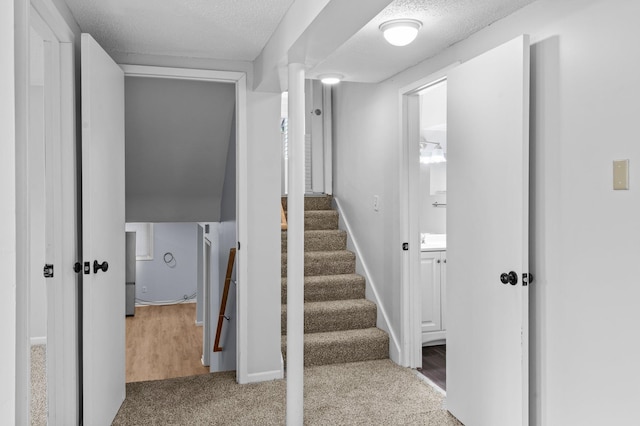 2125 White Bear Ave N, Maplewood, MN 55109 - stairs featuring a textured ceiling, carpet, and baseboards