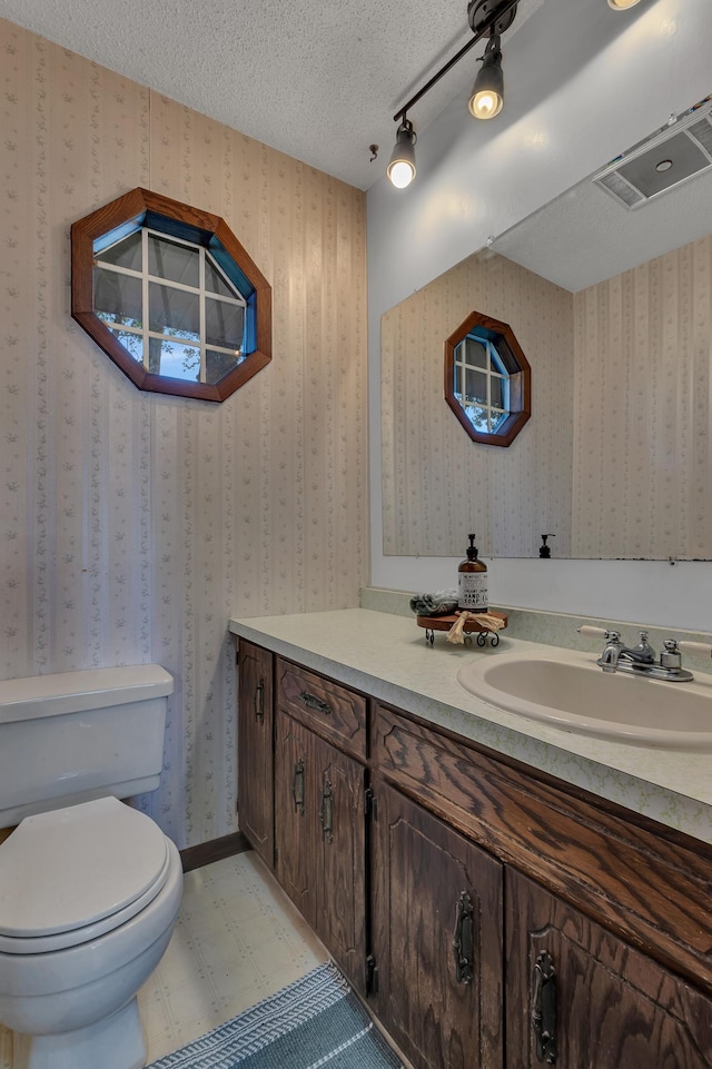 37875 600th Ave, Eden Valley, MN 55329 - bathroom with vanity, tile patterned floors, track lighting, and a textured ceiling