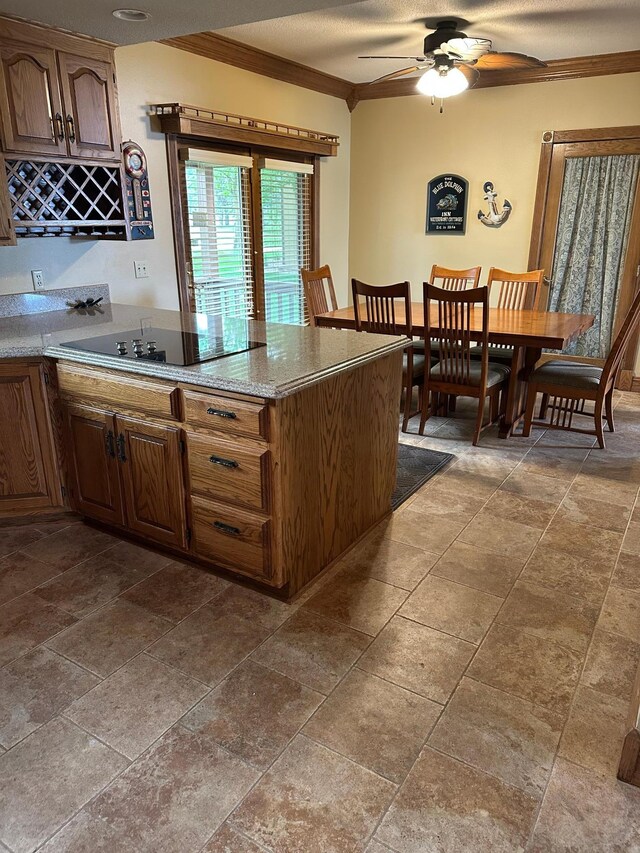 70 Lakeview Dr, Slayton, MN 56172 - kitchen featuring black electric stovetop, crown molding, ceiling fan, a peninsula, and light stone countertops