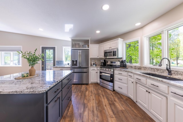 25397 Island View Dr, Cohasset, MN 55721 - kitchen featuring appliances with stainless steel finishes, a sink, white cabinets, open shelves, and dark wood-style flooring