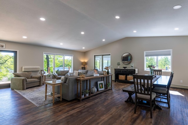25397 Island View Dr, Cohasset, MN 55721 - living area featuring dark wood-type flooring, healthy amount of natural light, recessed lighting, and lofted ceiling