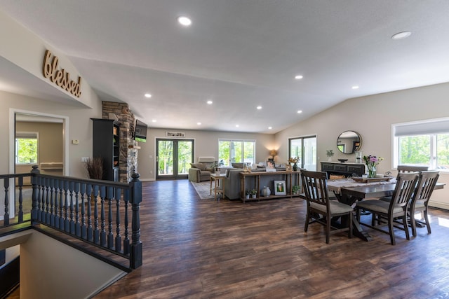25397 Island View Dr, Cohasset, MN 55721 - dining area with wood finished floors, plenty of natural light, lofted ceiling, recessed lighting, and a fireplace