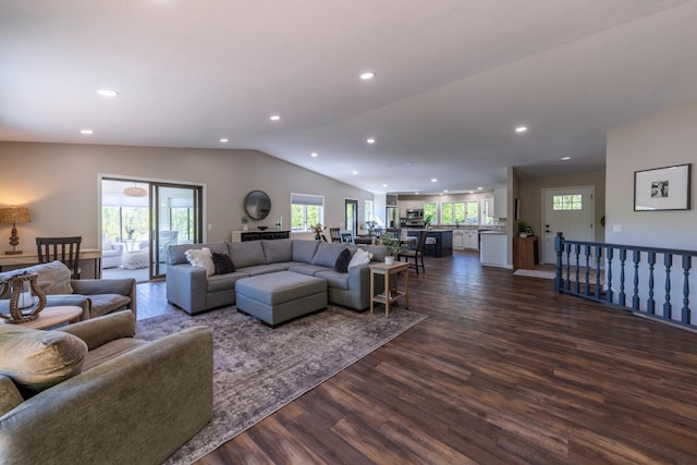 25397 Island View Dr, Cohasset, MN 55721 - living area featuring dark wood-style floors, vaulted ceiling, healthy amount of natural light, and recessed lighting