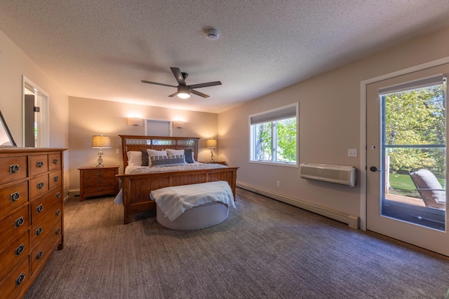 25397 Island View Dr, Cohasset, MN 55721 - carpeted bedroom with a baseboard heating unit, access to outside, a wall mounted air conditioner, a textured ceiling, and ceiling fan