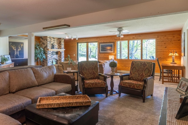 25397 Island View Dr, Cohasset, MN 55721 - carpeted living area with wood walls, ceiling fan, and a fireplace
