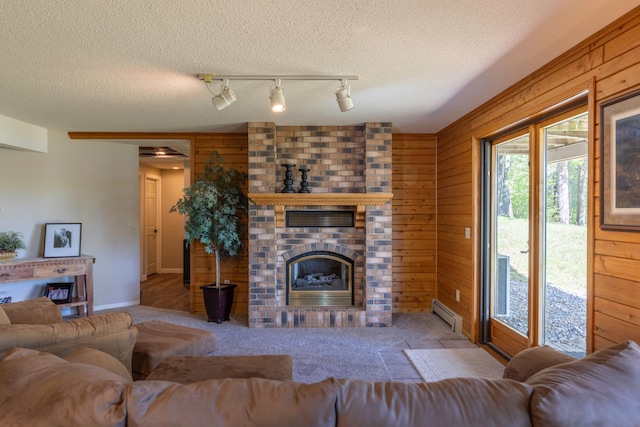 25397 Island View Dr, Cohasset, MN 55721 - living room with a fireplace, baseboard heating, wood walls, carpet floors, and a textured ceiling