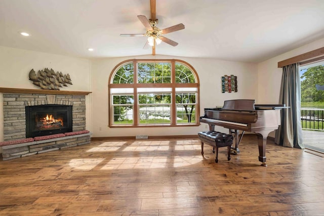 505 Superior Ave, Crosby, MN 56441 - living area with a ceiling fan, a fireplace, wood finished floors, and recessed lighting