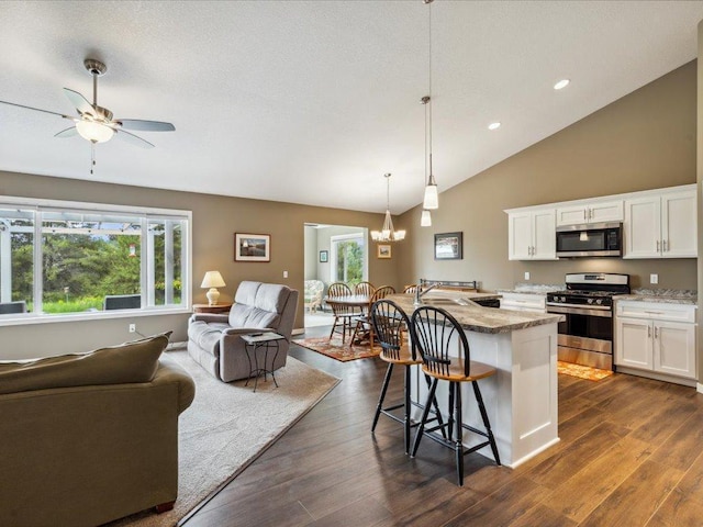 9308 Viking St, Brainerd, MN 56401 - kitchen featuring stainless steel appliances, open floor plan, healthy amount of natural light, dark wood finished floors, and recessed lighting
