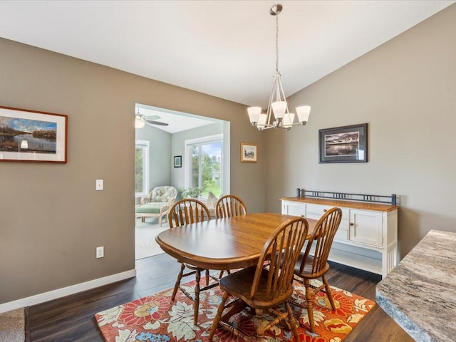 9308 Viking St, Brainerd, MN 56401 - dining room with a chandelier, dark wood-style flooring, and lofted ceiling