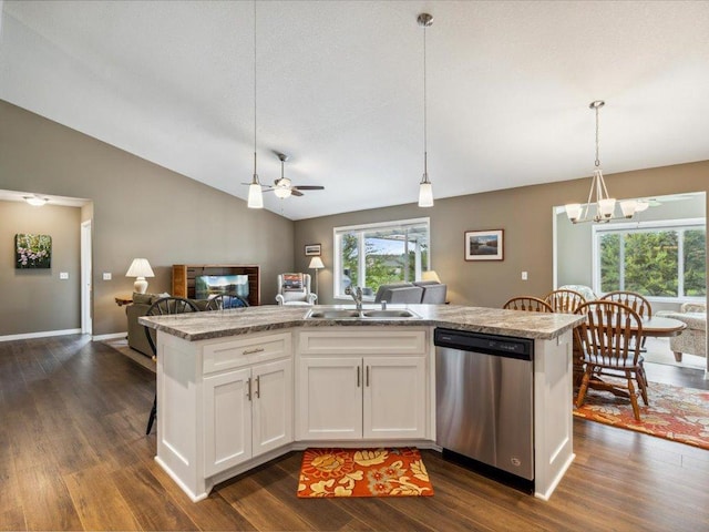 9308 Viking St, Brainerd, MN 56401 - kitchen featuring dishwasher, open floor plan, vaulted ceiling, dark wood-type flooring, and hanging light fixtures
