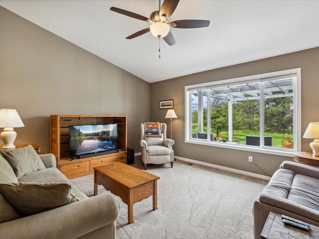 9308 Viking St, Brainerd, MN 56401 - living room with lofted ceiling, light colored carpet, and a ceiling fan