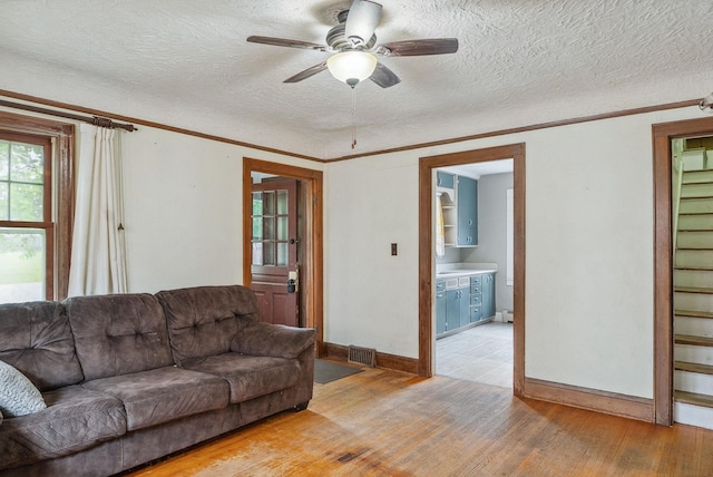 517 Birch Ave, Moose Lake, MN 55767 - living room featuring a ceiling fan, light wood-style flooring, ornamental molding, baseboards, and a textured ceiling