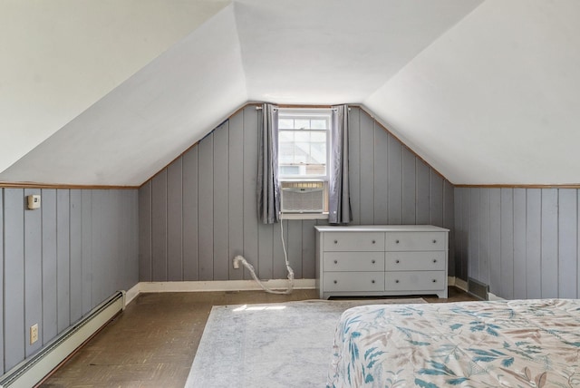 517 Birch Ave, Moose Lake, MN 55767 - bedroom with baseboard heating, lofted ceiling, wooden walls, cooling unit, and baseboards