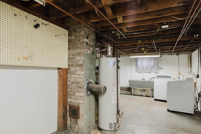 517 Birch Ave, Moose Lake, MN 55767 - unfinished below grade area with gas water heater, a sink, and independent washer and dryer