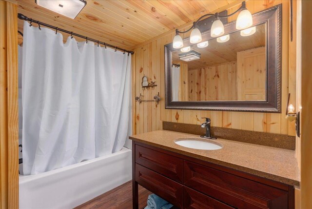 134315 Lone Pine Ln, Garfield Twp, WI 54001 - full bathroom with wood ceiling, vanity, shower / bath combo, wooden walls, and wood finished floors