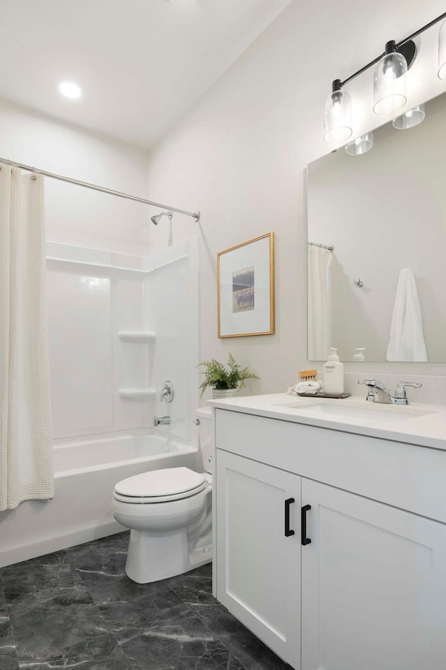 12443 Drayton Trl, Apple Valley, MN 55124 - bathroom featuring vanity, toilet, and shower / bathtub combination with curtain