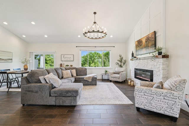 7482 250th St, New Market Twp, MN 55020 - living area with healthy amount of natural light, a chandelier, a fireplace, recessed lighting, and vaulted ceiling
