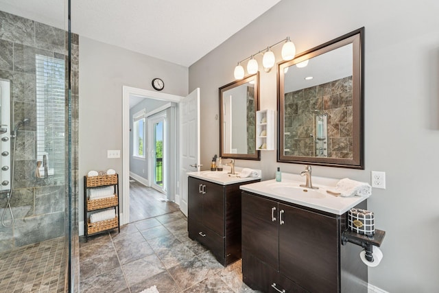 7482 250th St, New Market Twp, MN 55020 - bathroom featuring a stall shower and two vanities