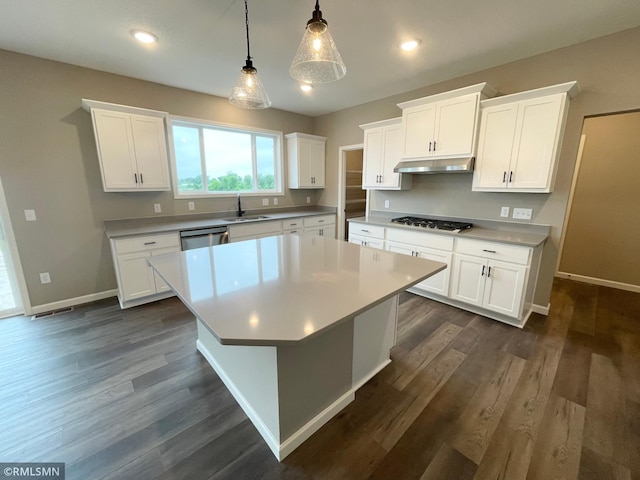 16290 Fairoaks Ave N, Hugo, MN 55038 - kitchen with stainless steel appliances, under cabinet range hood, white cabinetry, and recessed lighting