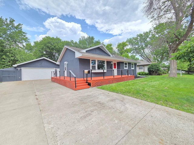4106 Woodbine Ln N, Brooklyn Center, MN 55429 - ranch-style house with a garage, a front lawn, an outdoor structure, stucco siding, and a porch