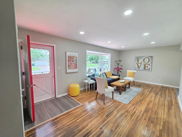 4106 Woodbine Ln N, Brooklyn Center, MN 55429 - living room with wood finished floors, baseboards, and recessed lighting
