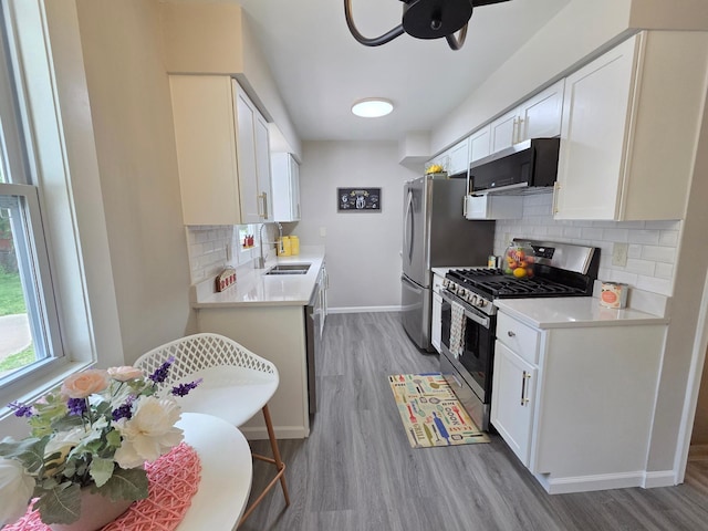 4106 Woodbine Ln N, Brooklyn Center, MN 55429 - kitchen featuring stainless steel appliances, a sink, wood finished floors, and backsplash