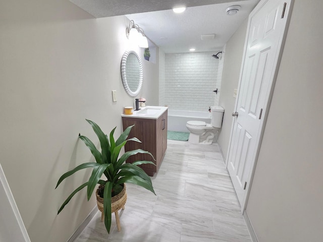 4106 Woodbine Ln N, Brooklyn Center, MN 55429 - bathroom with toilet, vanity, baseboards, tub / shower combination, and a textured ceiling