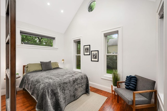 2916 26th St, Minneapolis, MN 55406 - bedroom with dark wood finished floors, recessed lighting, and high vaulted ceiling