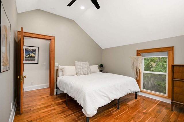 2916 26th St, Minneapolis, MN 55406 - bedroom featuring wood finished floors, vaulted ceiling, a ceiling fan, and recessed lighting
