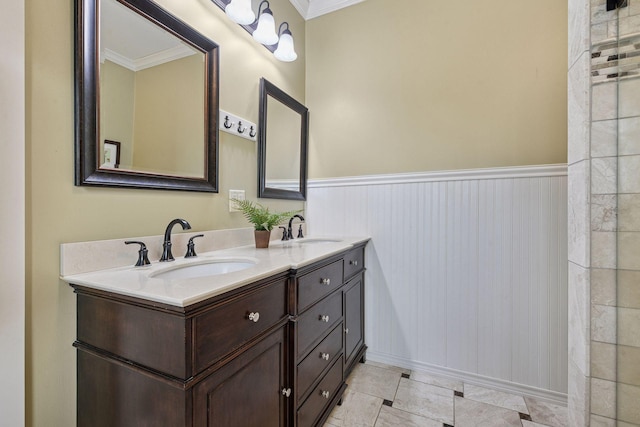 1755 Chateau Way, Minnetrista, MN 55359 - full bathroom featuring ornamental molding, double vanity, wainscoting, and tile patterned floors