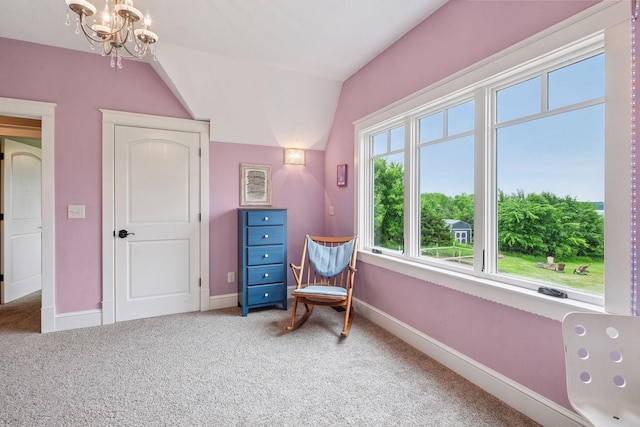 1755 Chateau Way, Minnetrista, MN 55359 - living area with carpet flooring, a chandelier, and lofted ceiling