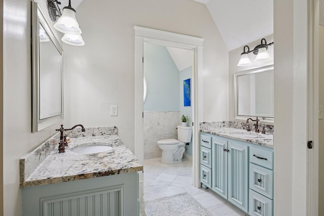 1755 Chateau Way, Minnetrista, MN 55359 - full bath with lofted ceiling, two vanities, tile walls, and marble finish flooring