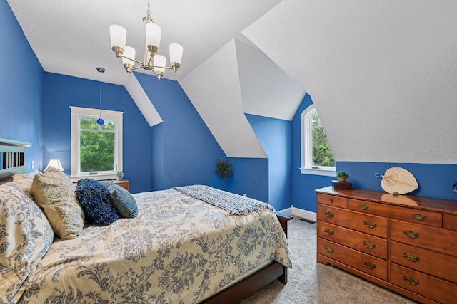 1755 Chateau Way, Minnetrista, MN 55359 - carpeted bedroom with a chandelier, multiple windows, and lofted ceiling