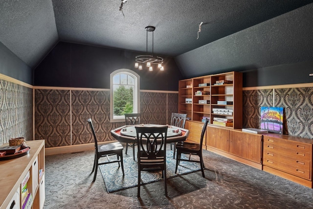 1755 Chateau Way, Minnetrista, MN 55359 - carpeted dining space with lofted ceiling, a wainscoted wall, and a textured ceiling