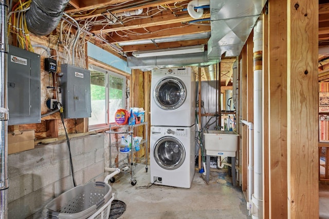 1755 Chateau Way, Minnetrista, MN 55359 - laundry room with stacked washing machine and dryer and electric panel
