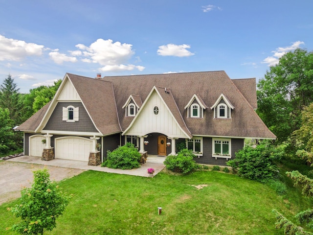 1755 Chateau Way, Minnetrista, MN 55359 - shingle-style home featuring covered porch, a front yard, board and batten siding, driveway, and a shingled roof