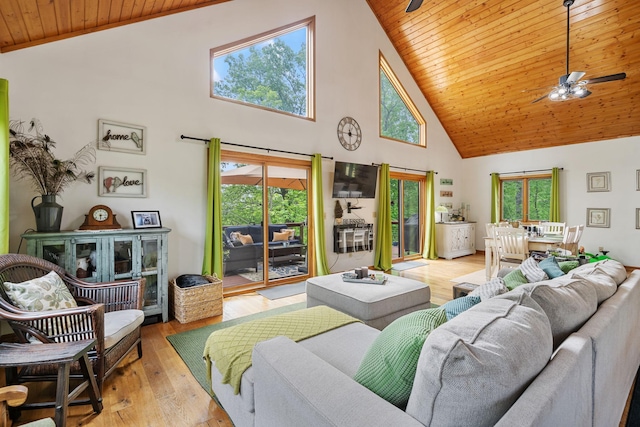 43190 Government Rd, Hinckley, MN 55037 - living room with wooden ceiling, high vaulted ceiling, healthy amount of natural light, ceiling fan, and wood finished floors