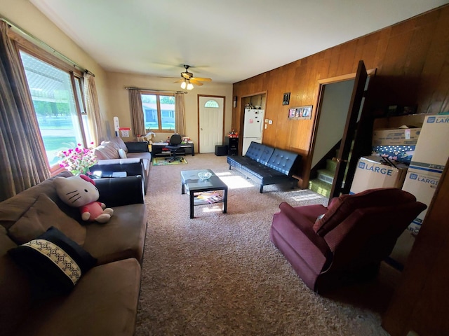 801 Greenwood Ave, Tracy, MN 56175 - carpeted living room featuring wooden walls and a ceiling fan