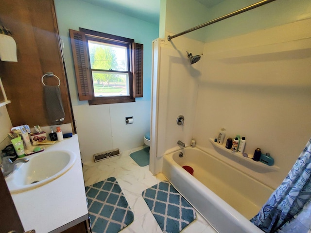 801 Greenwood Ave, Tracy, MN 56175 - bathroom with toilet, vanity, shower / bath combination with curtain, and marble finish floors