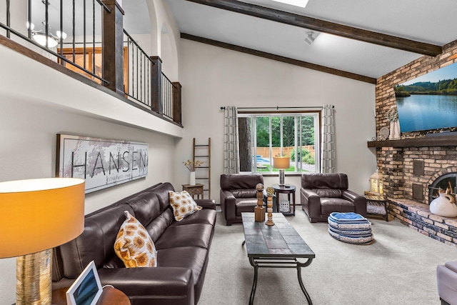 8409 Knollwood Dr, Mounds View, MN 55112 - carpeted living area featuring beamed ceiling, high vaulted ceiling, and a brick fireplace