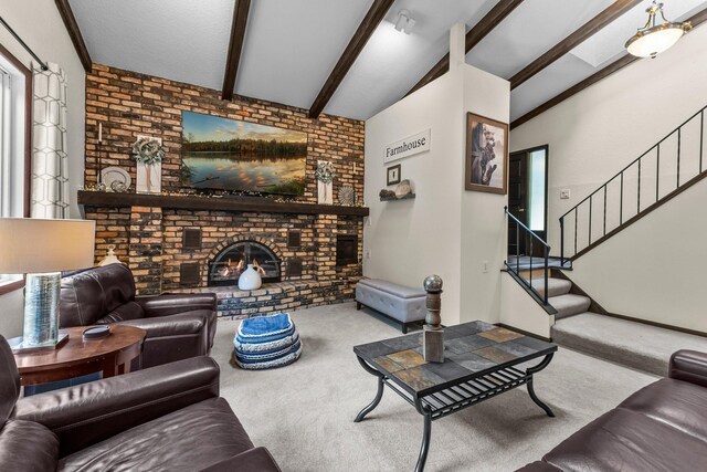 8409 Knollwood Dr, Mounds View, MN 55112 - living room featuring carpet flooring, stairway, brick wall, and a brick fireplace